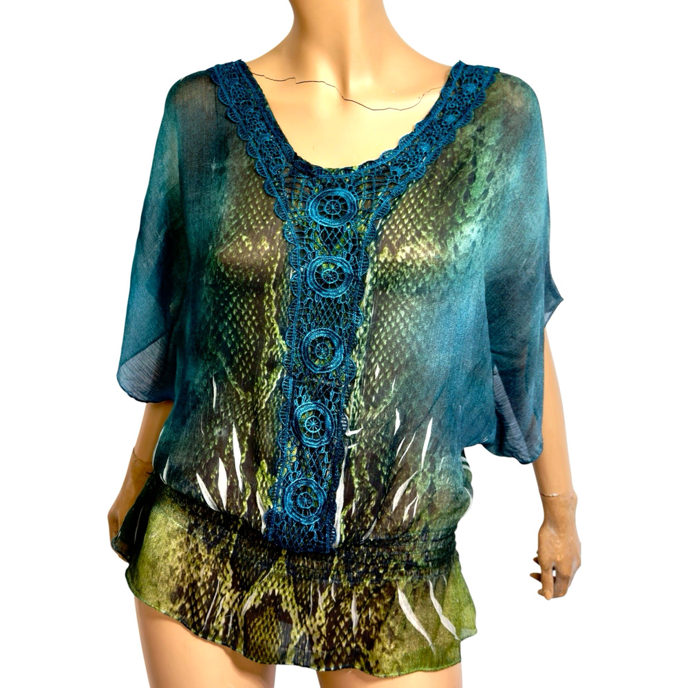 Teal Snakeskin Chiffon Lace Dolman Top M Glam Maximalist Boho